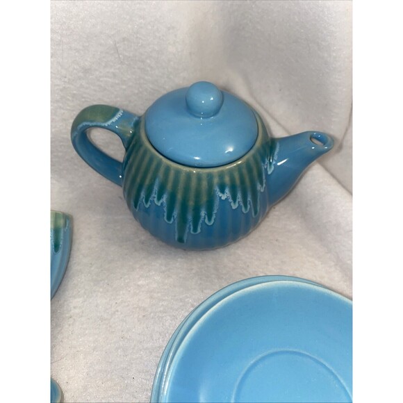 Hand Painted Pottery Tea Set Sicily Italy 6 Cups Teapot Plates Blue Ceramic - Picture 4 of 9